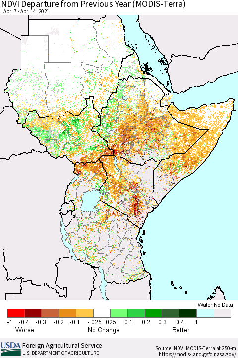 Eastern Africa NDVI Departure from Previous Year (Terra-MODIS) Thematic Map For 4/11/2021 - 4/20/2021
