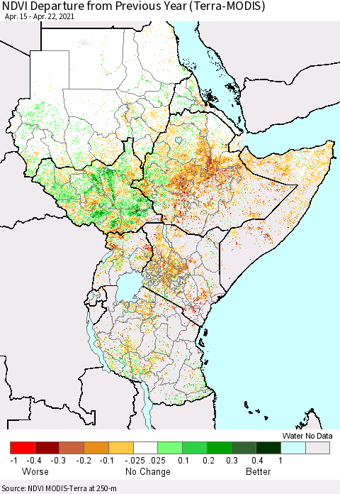 Eastern Africa NDVI Departure from Previous Year (Terra-MODIS) Thematic Map For 4/15/2021 - 4/22/2021