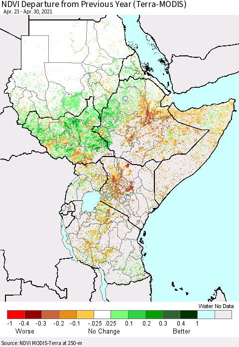Eastern Africa NDVI Departure from Previous Year (Terra-MODIS) Thematic Map For 4/23/2021 - 4/30/2021