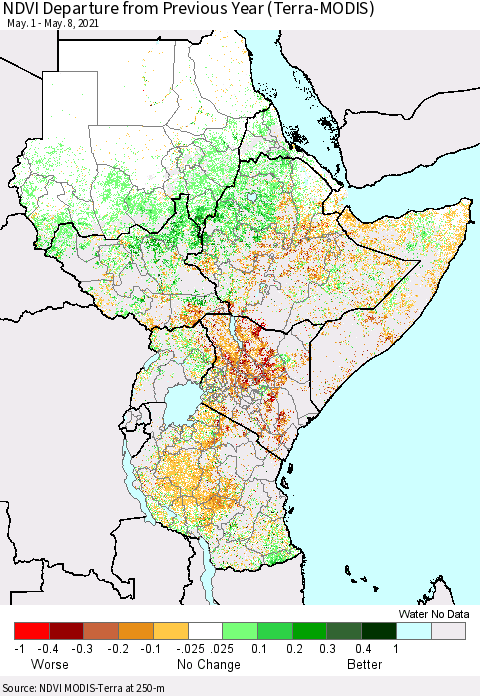 Eastern Africa NDVI Departure from Previous Year (Terra-MODIS) Thematic Map For 5/1/2021 - 5/8/2021