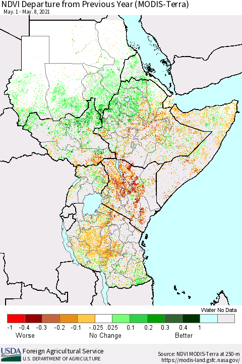 Eastern Africa NDVI Departure from Previous Year (Terra-MODIS) Thematic Map For 5/1/2021 - 5/10/2021