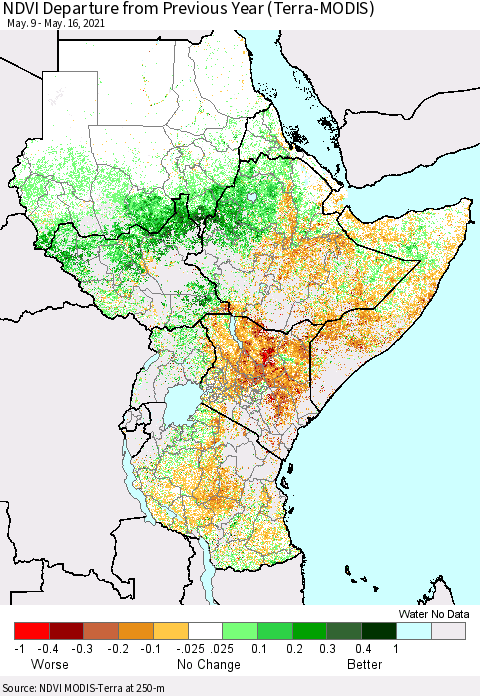 Eastern Africa NDVI Departure from Previous Year (Terra-MODIS) Thematic Map For 5/9/2021 - 5/16/2021