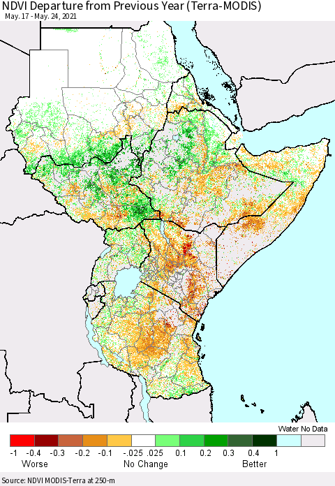 Eastern Africa NDVI Departure from Previous Year (Terra-MODIS) Thematic Map For 5/17/2021 - 5/24/2021
