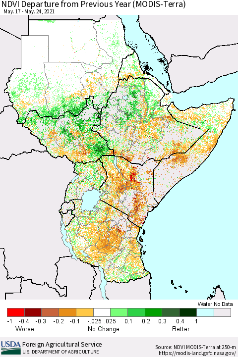 Eastern Africa NDVI Departure from Previous Year (Terra-MODIS) Thematic Map For 5/21/2021 - 5/31/2021