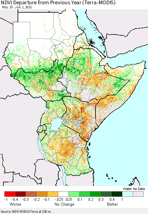 Eastern Africa NDVI Departure from Previous Year (Terra-MODIS) Thematic Map For 5/25/2021 - 6/1/2021