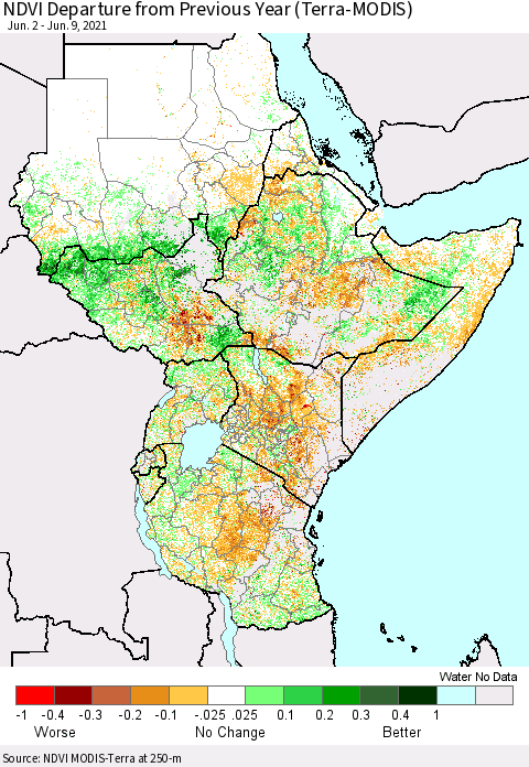 Eastern Africa NDVI Departure from Previous Year (Terra-MODIS) Thematic Map For 6/2/2021 - 6/9/2021
