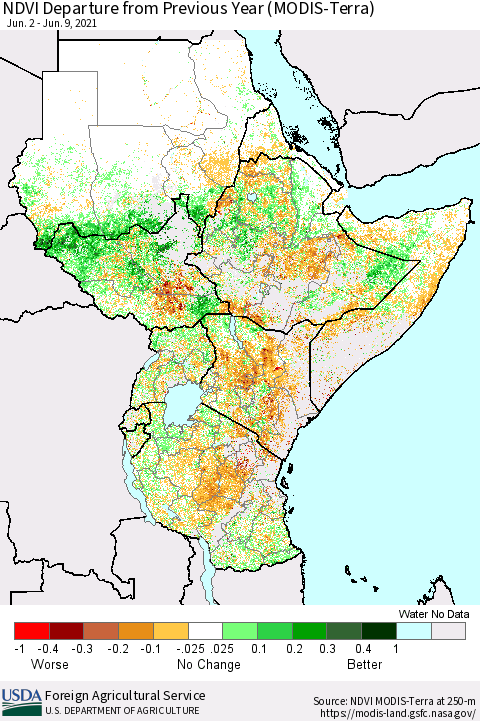 Eastern Africa NDVI Departure from Previous Year (Terra-MODIS) Thematic Map For 6/1/2021 - 6/10/2021