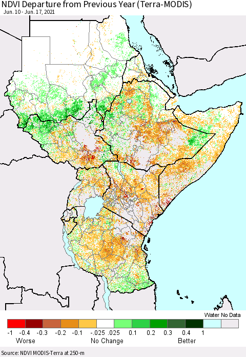 Eastern Africa NDVI Departure from Previous Year (Terra-MODIS) Thematic Map For 6/10/2021 - 6/17/2021