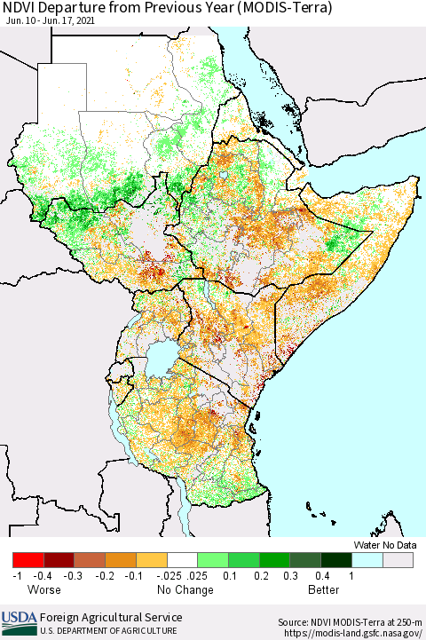 Eastern Africa NDVI Departure from Previous Year (Terra-MODIS) Thematic Map For 6/11/2021 - 6/20/2021