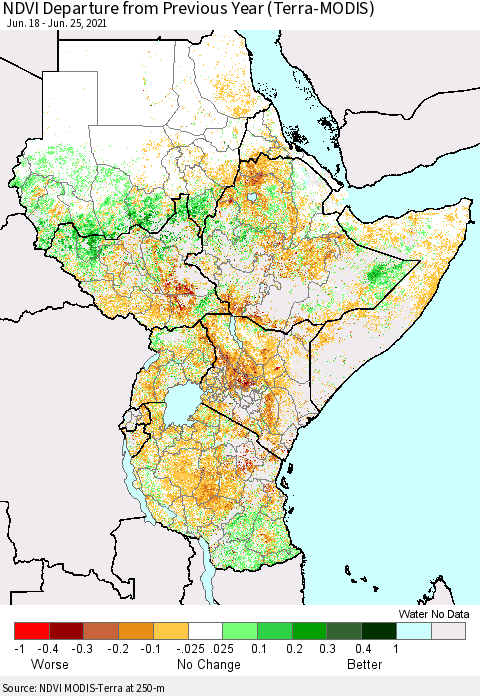 Eastern Africa NDVI Departure from Previous Year (Terra-MODIS) Thematic Map For 6/18/2021 - 6/25/2021