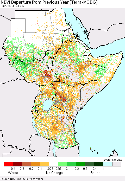 Eastern Africa NDVI Departure from Previous Year (Terra-MODIS) Thematic Map For 6/26/2021 - 7/3/2021
