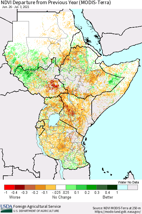 Eastern Africa NDVI Departure from Previous Year (Terra-MODIS) Thematic Map For 7/1/2021 - 7/10/2021
