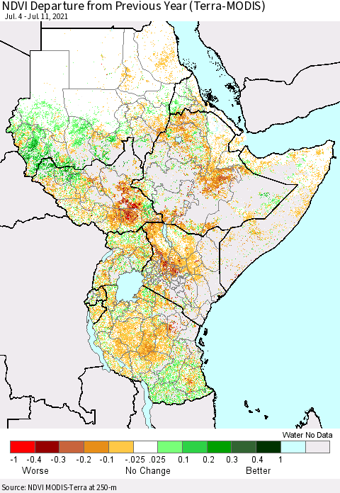 Eastern Africa NDVI Departure from Previous Year (Terra-MODIS) Thematic Map For 7/4/2021 - 7/11/2021