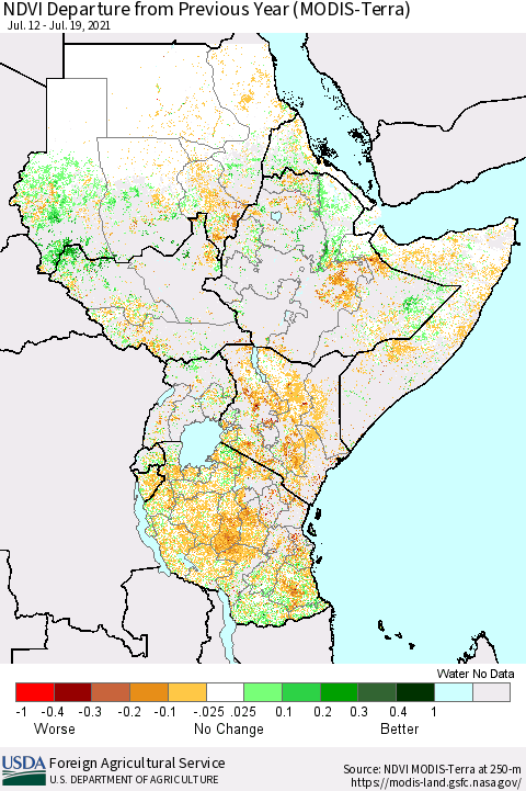 Eastern Africa NDVI Departure from Previous Year (Terra-MODIS) Thematic Map For 7/11/2021 - 7/20/2021