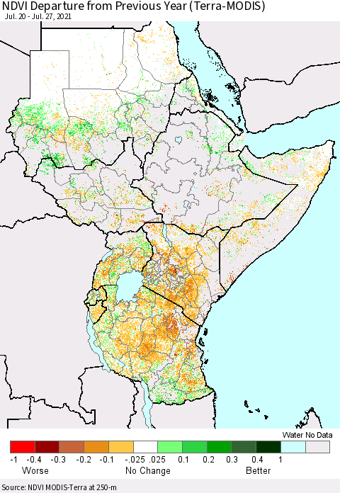 Eastern Africa NDVI Departure from Previous Year (Terra-MODIS) Thematic Map For 7/20/2021 - 7/27/2021