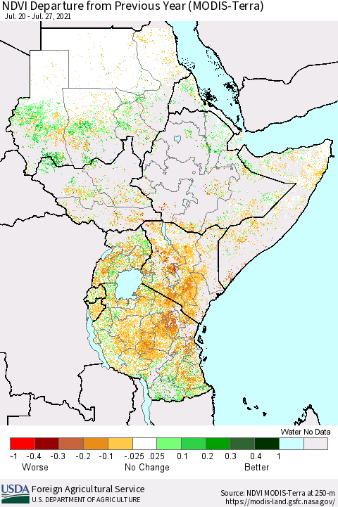 Eastern Africa NDVI Departure from Previous Year (Terra-MODIS) Thematic Map For 7/21/2021 - 7/31/2021