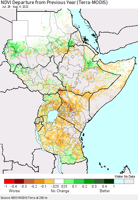 Eastern Africa NDVI Departure from Previous Year (Terra-MODIS) Thematic Map For 7/28/2021 - 8/4/2021