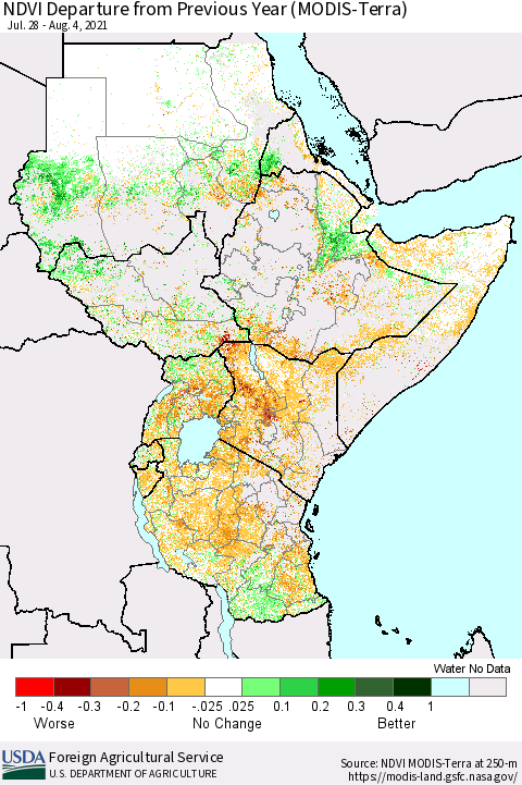 Eastern Africa NDVI Departure from Previous Year (Terra-MODIS) Thematic Map For 8/1/2021 - 8/10/2021