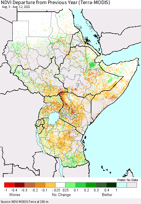 Eastern Africa NDVI Departure from Previous Year (Terra-MODIS) Thematic Map For 8/5/2021 - 8/12/2021