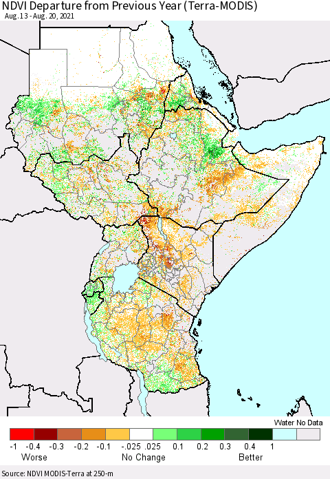 Eastern Africa NDVI Departure from Previous Year (Terra-MODIS) Thematic Map For 8/11/2021 - 8/20/2021