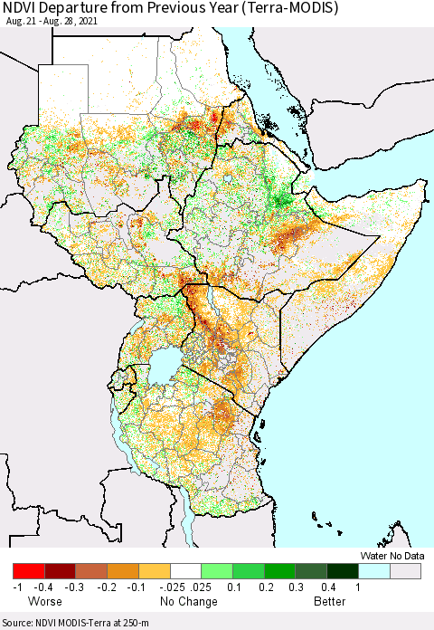 Eastern Africa NDVI Departure from Previous Year (Terra-MODIS) Thematic Map For 8/21/2021 - 8/28/2021