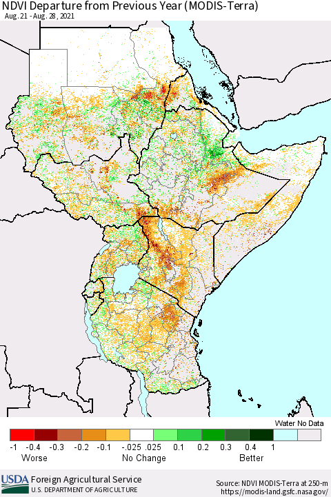Eastern Africa NDVI Departure from Previous Year (Terra-MODIS) Thematic Map For 8/21/2021 - 8/31/2021