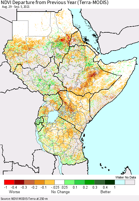 Eastern Africa NDVI Departure from Previous Year (Terra-MODIS) Thematic Map For 8/29/2021 - 9/5/2021