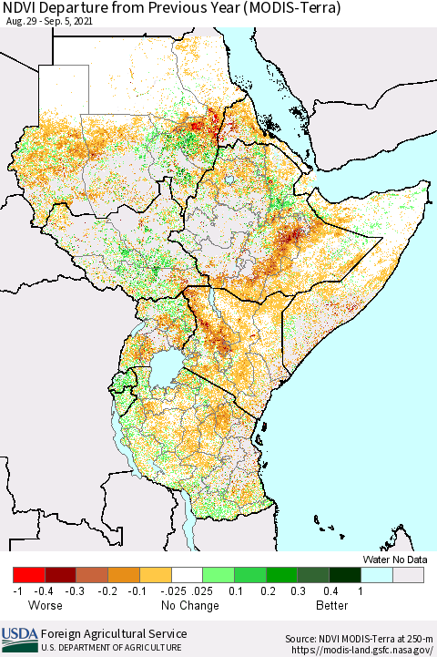 Eastern Africa NDVI Departure from Previous Year (Terra-MODIS) Thematic Map For 9/1/2021 - 9/10/2021
