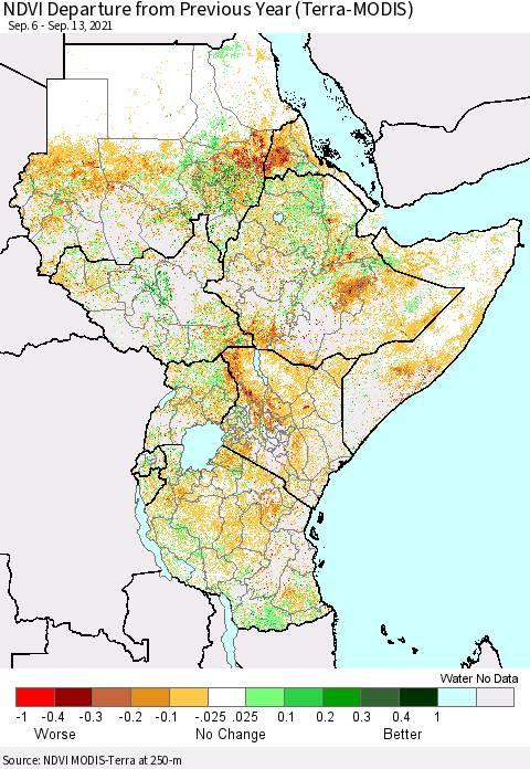Eastern Africa NDVI Departure from Previous Year (Terra-MODIS) Thematic Map For 9/6/2021 - 9/13/2021