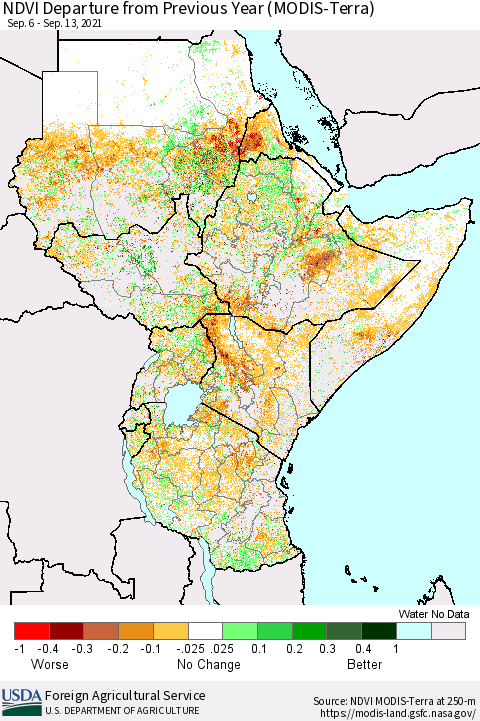 Eastern Africa NDVI Departure from Previous Year (Terra-MODIS) Thematic Map For 9/11/2021 - 9/20/2021