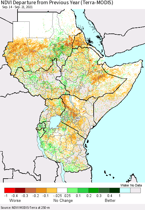 Eastern Africa NDVI Departure from Previous Year (Terra-MODIS) Thematic Map For 9/14/2021 - 9/21/2021