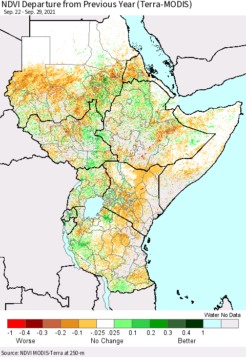 Eastern Africa NDVI Departure from Previous Year (Terra-MODIS) Thematic Map For 9/22/2021 - 9/29/2021