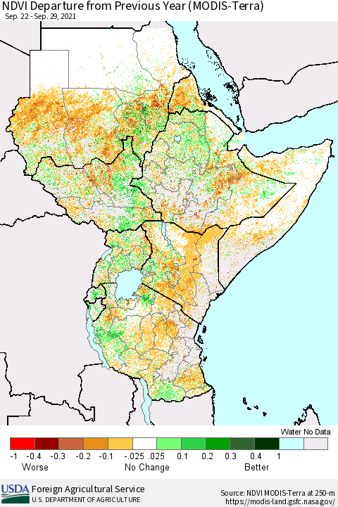 Eastern Africa NDVI Departure from Previous Year (Terra-MODIS) Thematic Map For 9/21/2021 - 9/30/2021
