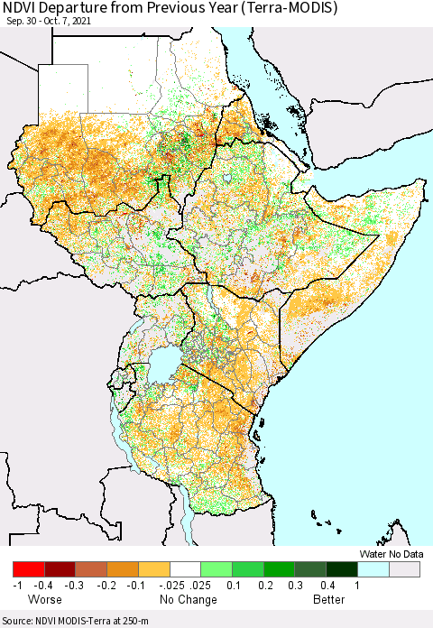 Eastern Africa NDVI Departure from Previous Year (Terra-MODIS) Thematic Map For 9/30/2021 - 10/7/2021