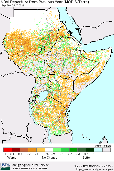 Eastern Africa NDVI Departure from Previous Year (Terra-MODIS) Thematic Map For 10/1/2021 - 10/10/2021