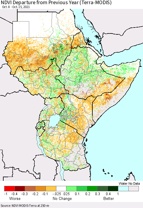 Eastern Africa NDVI Departure from Previous Year (Terra-MODIS) Thematic Map For 10/8/2021 - 10/15/2021