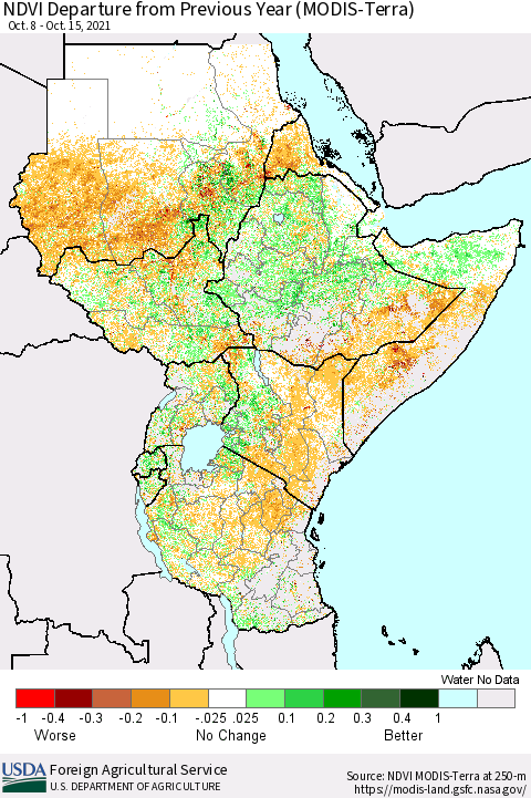 Eastern Africa NDVI Departure from Previous Year (Terra-MODIS) Thematic Map For 10/11/2021 - 10/20/2021