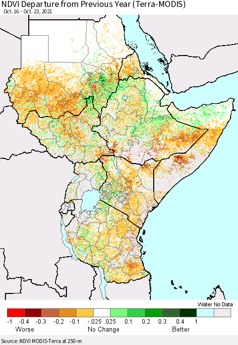 Eastern Africa NDVI Departure from Previous Year (Terra-MODIS) Thematic Map For 10/16/2021 - 10/23/2021