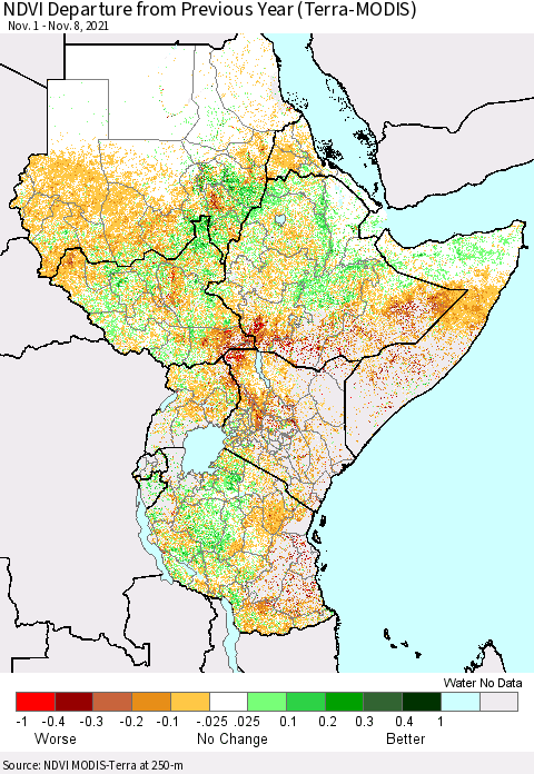 Eastern Africa NDVI Departure from Previous Year (Terra-MODIS) Thematic Map For 11/1/2021 - 11/8/2021