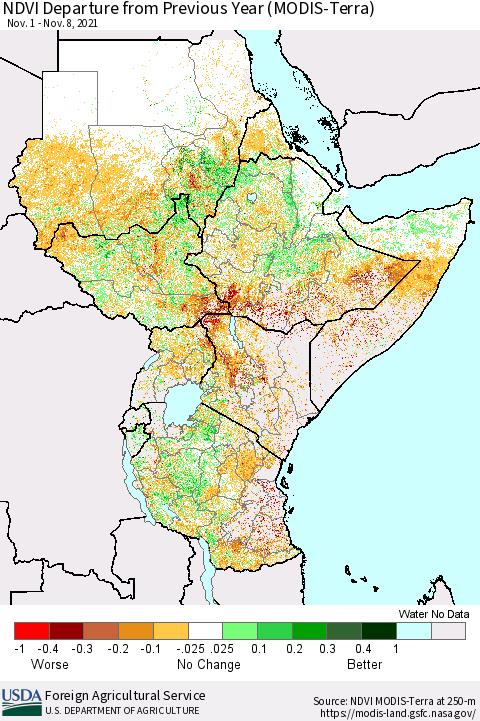 Eastern Africa NDVI Departure from Previous Year (MODIS-Terra) Thematic Map For 11/1/2021 - 11/10/2021