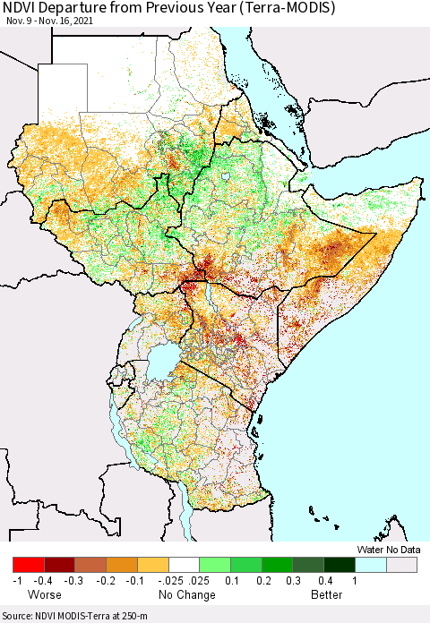 Eastern Africa NDVI Departure from Previous Year (Terra-MODIS) Thematic Map For 11/9/2021 - 11/16/2021