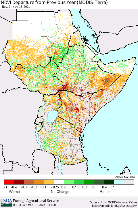 Eastern Africa NDVI Departure from Previous Year (Terra-MODIS) Thematic Map For 11/11/2021 - 11/20/2021