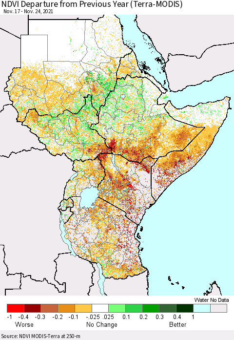 Eastern Africa NDVI Departure from Previous Year (Terra-MODIS) Thematic Map For 11/17/2021 - 11/24/2021