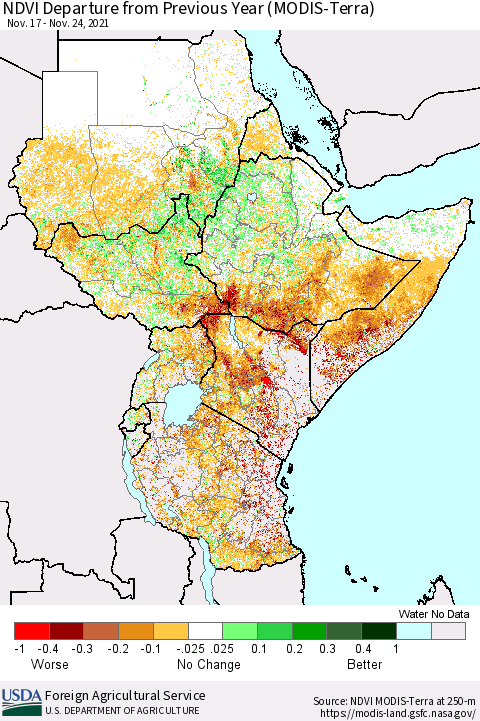 Eastern Africa NDVI Departure from Previous Year (MODIS-Terra) Thematic Map For 11/21/2021 - 11/30/2021