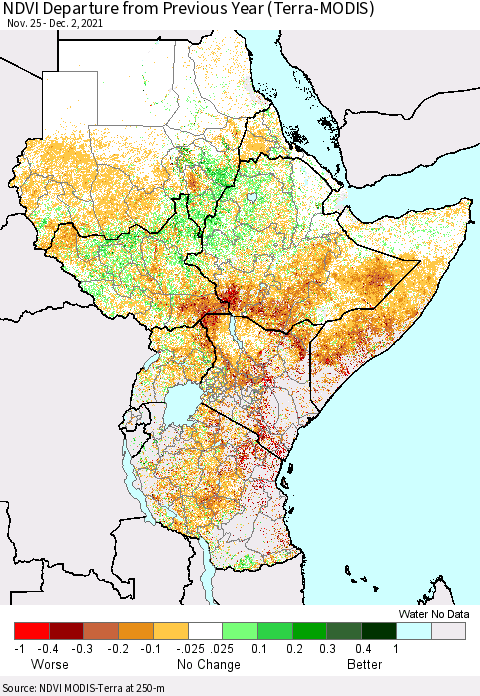 Eastern Africa NDVI Departure from Previous Year (Terra-MODIS) Thematic Map For 11/25/2021 - 12/2/2021