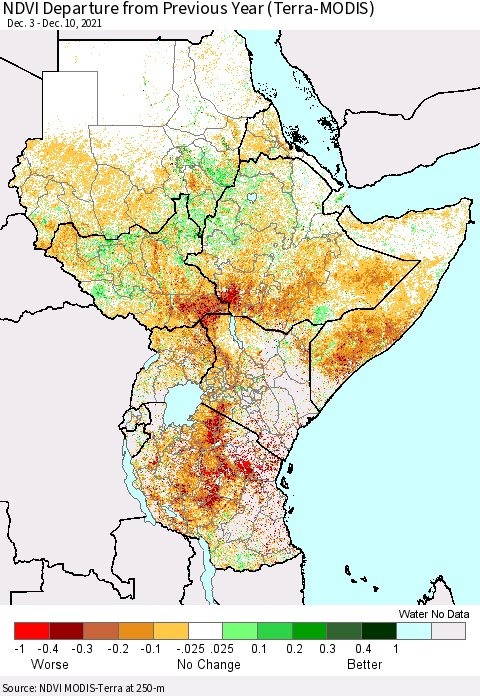 Eastern Africa NDVI Departure from Previous Year (Terra-MODIS) Thematic Map For 12/3/2021 - 12/10/2021