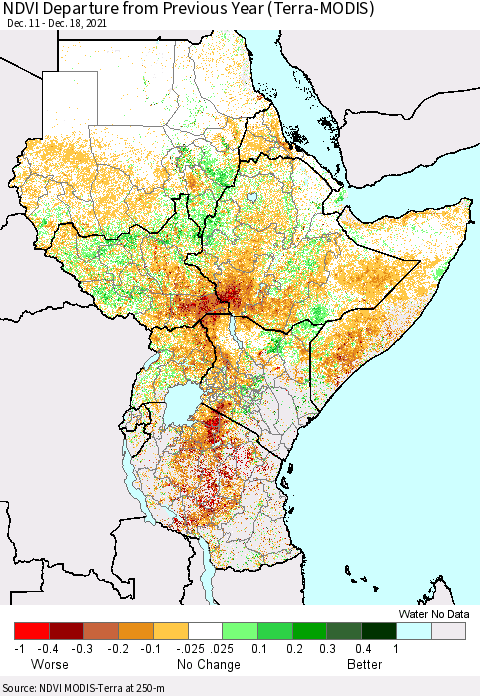 Eastern Africa NDVI Departure from Previous Year (Terra-MODIS) Thematic Map For 12/11/2021 - 12/18/2021