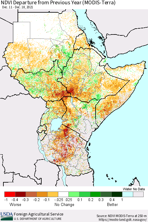 Eastern Africa NDVI Departure from Previous Year (Terra-MODIS) Thematic Map For 12/11/2021 - 12/20/2021