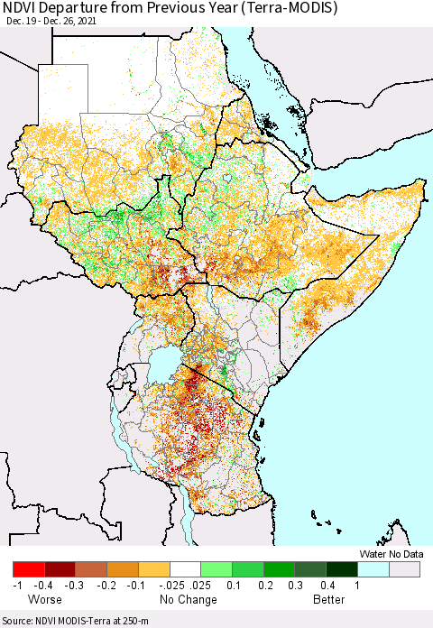 Eastern Africa NDVI Departure from Previous Year (Terra-MODIS) Thematic Map For 12/19/2021 - 12/26/2021