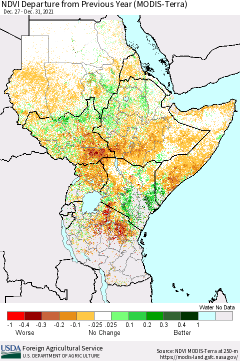 Eastern Africa NDVI Departure from Previous Year (MODIS-Terra) Thematic Map For 12/21/2021 - 12/31/2021